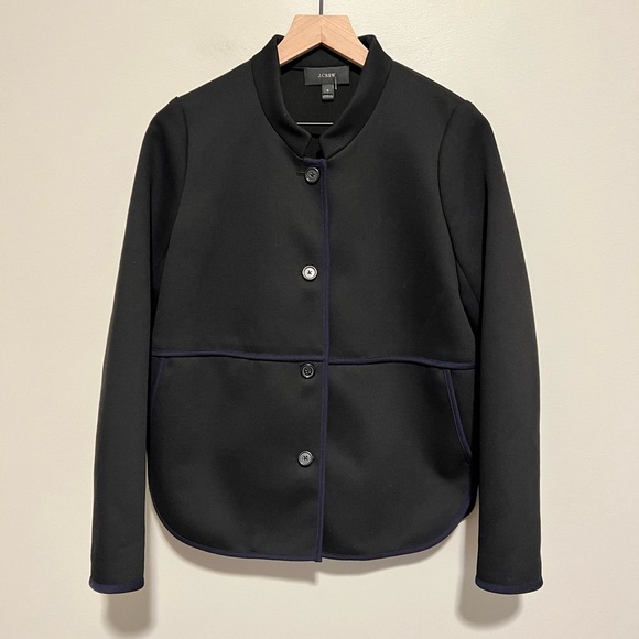 J Crew Black Navy Blue Tipped Twill Blazer Jacket Mandarin Collar Size 6 - Picture 2 of 8